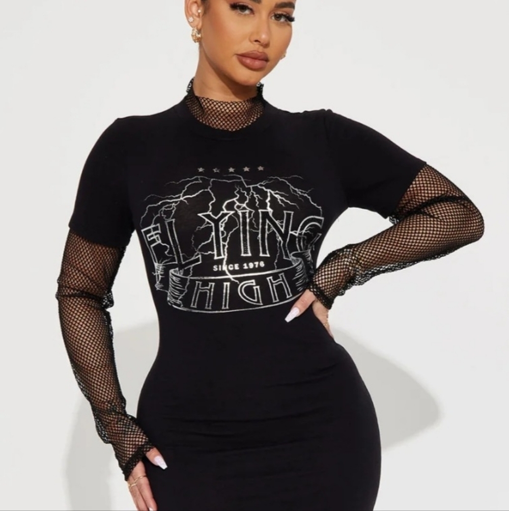 Fashion Nova Black Long Sleeve Dress with Graphic
